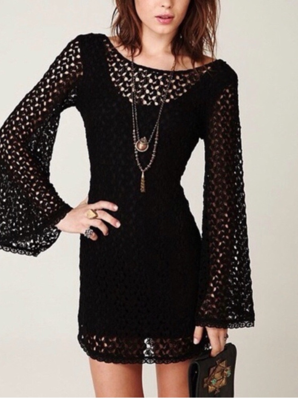 Free people black crochet mini dress long sleeves size xs